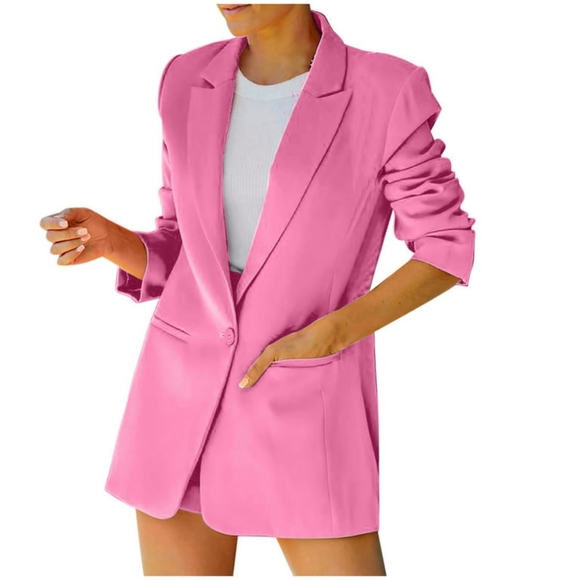 Jackets & Blazers - Womens Pink Solid Turn Down Collar Jacket Long Sleeve Coat Outerwear Blazer